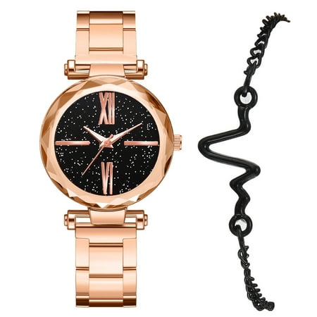 CLZOUD Women S Watches with Bracelet Quartz Shining Sky Strap Watch Analog Wrist Bracelet Watch Set Alloy Gold