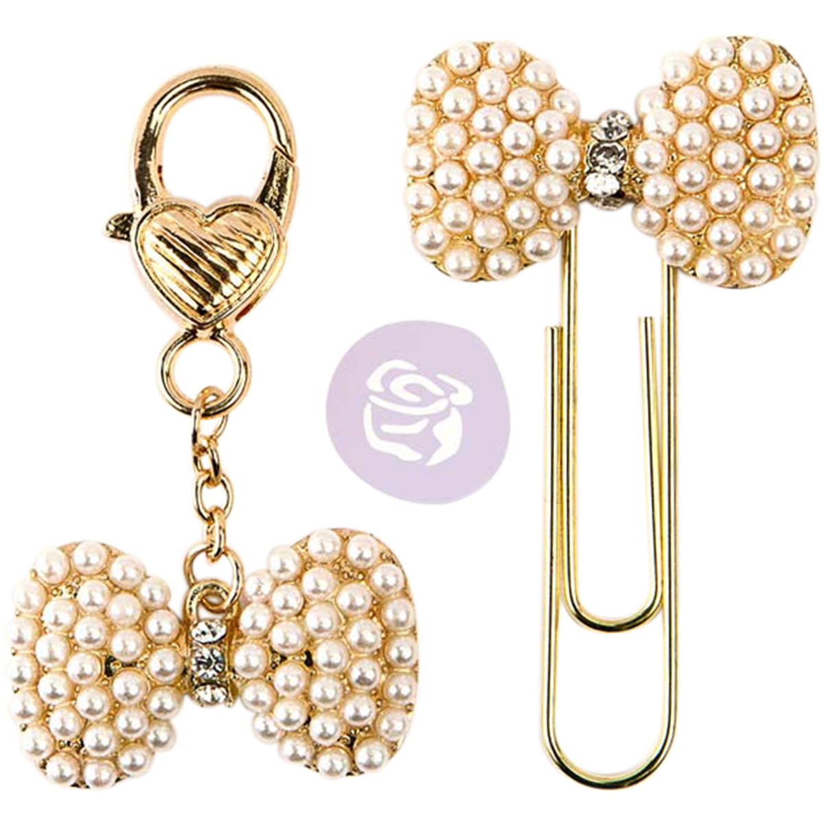 Travelers Journal Mini Charm Pearl & Gold Bows with Rhinestone Middle