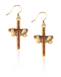 Cross with Shroud Charm Earrings, Gold