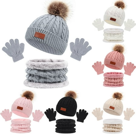 LA TALUS 1 Set 1-5 Years Baby Hat Scarf Gloves Plush Ball Twist Pattern Solid Color Knitted Hat Set Autumn Winter Stretchy No Brim Cap for Outdoor (Be
