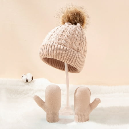 LA TALUS 1 Set Knitted Hat Breathable Thermal Windproof Kids Beanie Hat Gloves Set for Baby (White)