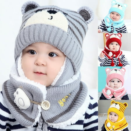 LA TALUS Unisex Winter Kids Baby Cartoon Bear Stripe Knit Hat Cap Scarf Earmuff Warm Set (Grey)