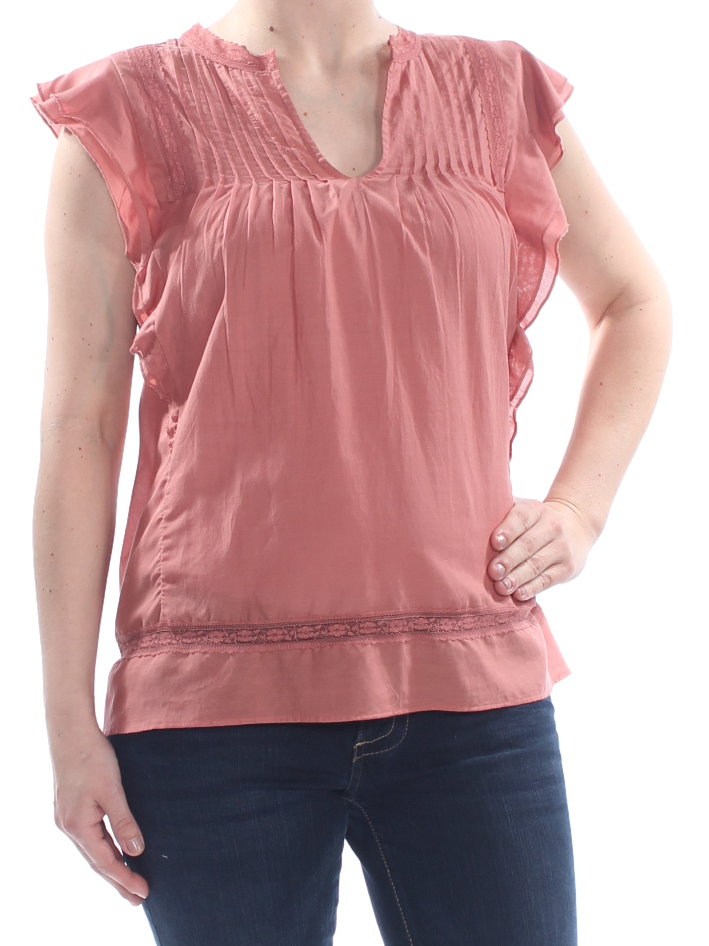 LUCKY BRAND $70 Womens New 1507 Pink Ruffled Pintucked V Neck Top S B+B