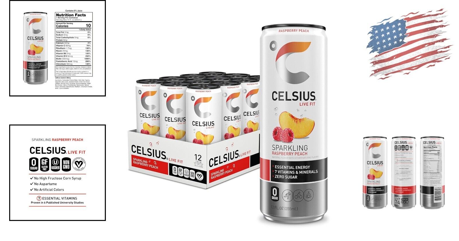 Sparkling Raspberry Peach Energy Drink - 12 Fl Oz Pack of 12 - No Sugar, No S... thumbnail