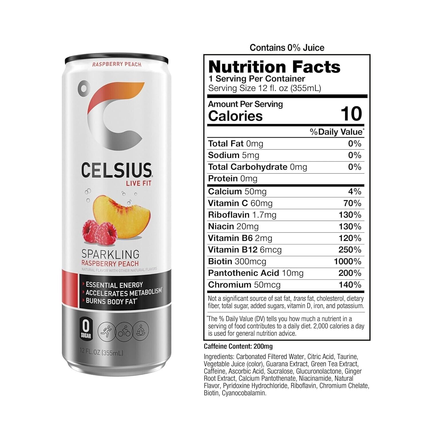 Sparkling Raspberry Peach Energy Drink - 12 Fl Oz Pack of 12 - No Sugar, No S... thumbnail