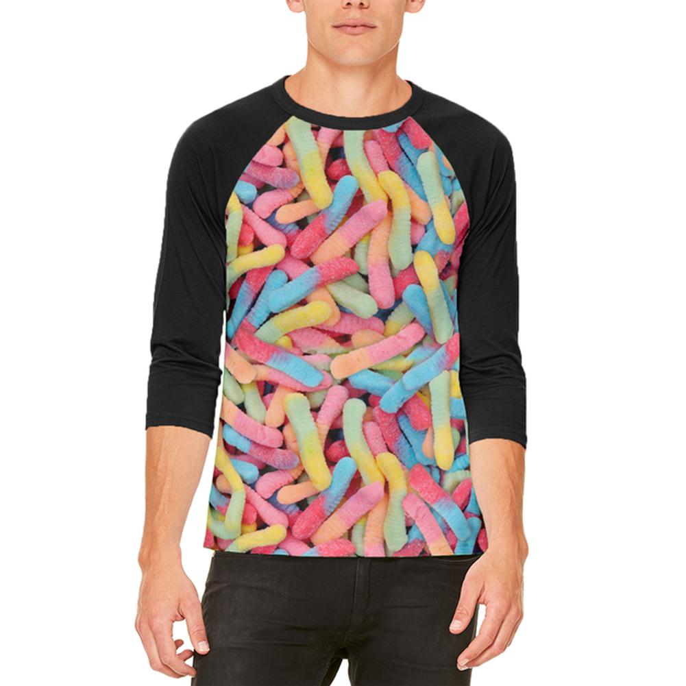 Halloween Sour Gummy Worms Mens Raglan T Shirt White-Black LG