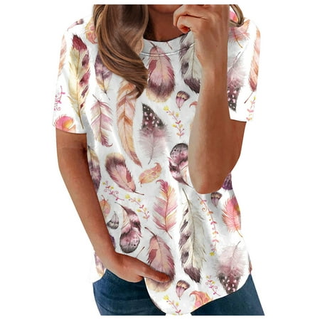 CLZOUD Women Casual Blouse Pink Ladies Short Sleeve T Shirt Feather Print Top Fashion Casual Crew Neck Top Xxl