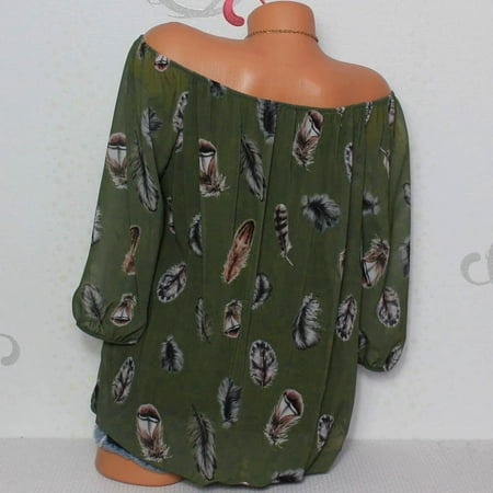 CLZOUD Womens Blouses and Tops Army Green Chiffon Women Plus Size Half Sleeve Feather Print V-neck Blouse Pullover Tops Shirt Xxxxxl