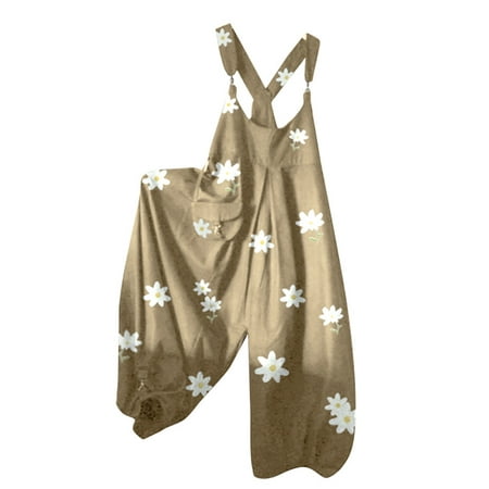 GWAABD Jumpsuit Women Fashion Floral Print O-Neck Rompers Pocket Playsuit Casual Long Jumpsuit