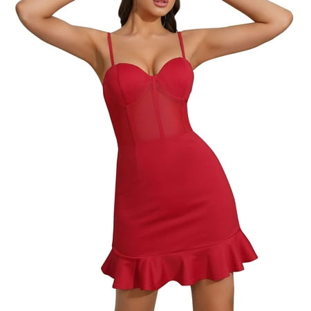 CLZOUD Pretty Dresses Red Polyester Womens Casual Sleeveless Dress Backless Sling Dress with Cup Mesh Hollow Leaf Dress M