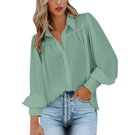 GWAABD Fitted T Shirts for Women Womens Long Sleeve Button Down Loose Fit Casual V Neck Top