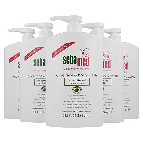 SEBAMED Olive Face and Body Wash with Pump for Sensitive and Delicate Skin PH 5.5 Ultra Mild Dermatologist Recommended Cleanser 33.8 Fluid Ounces (1 L