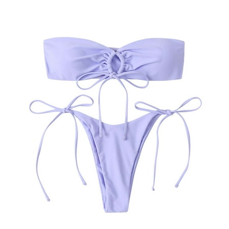 Bigersell Two Piece Swimsuit Ladies Tube Tops Split Bikini with Chest Pad Without Underwire Women High Waist Swimsuit Female  Style 4875  Purple L