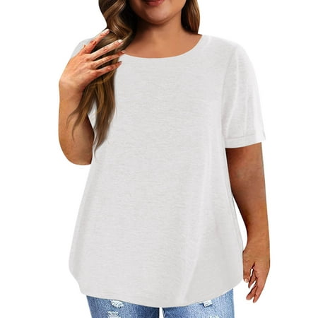 CLZOUD Fashion Blouse White Womens Plus Size Tops Short Sleeve Shirts O Neck Tunic Summer Tees Blouse Xl