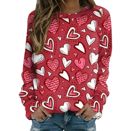 GWAABD Womens Crew Neck Valentines Day Sweatshirts for Women Love Heart Letter Print Sweatshirt Loose Crew Neck Pullovers Tees