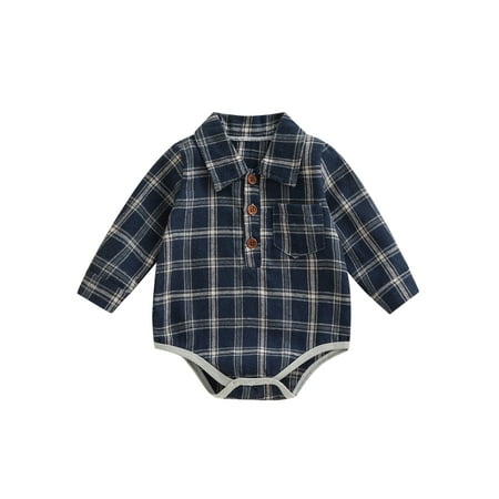 Xingqing Newborn Baby Boy Girl Buffalo Plaid Romper Flannel Long Sleeve Button Down Shirt Bodysuit Fall Winter Outfit Navy Blue 6-12 Months