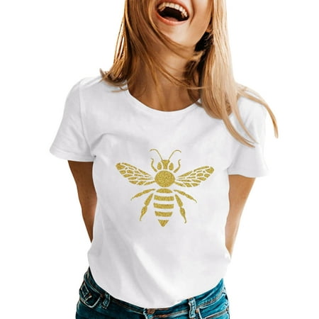 GWAABD Plus Size Womens Tops Womens Spring Summer Bees Printed Short Sleeve O Neck T Shirt Top