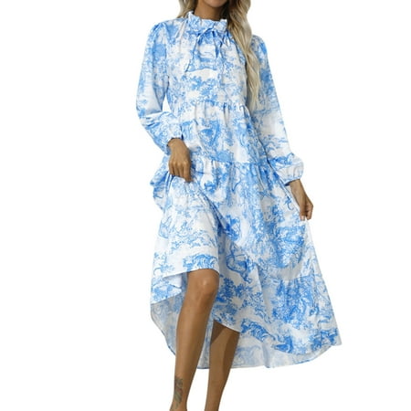 CLZOUD Women Casual Dress Blue Polyester Spandex Womens Round Neck Maxi Dress Casual Loose Long Sleeve Tiered Hem Swing Flowy Long Dresses Xl