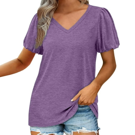 CLZOUD T-shirts for Women Trendy Purple Spring and Summer New Short Sleeve V Neck Solid Color Loose Tee Shirt Top S