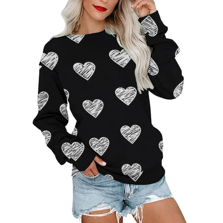 GWAABD Women Pullover Womens Casual Round Neck Sweatshirt Long Sleeve Top Valentine S Day Printed Pullover Sweater