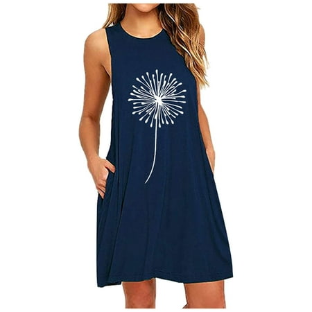 Casual Dress for Women Summer Pocket Dandelions Fashion Printing Sleeveless Night Dresses