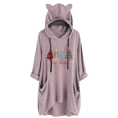 GWAABD Casual Hooded Lace up Long Sleeve Dress Women S Ears Hat Top Long Sleeve Cute Print Two Pockets Hooded Loose Sweatshirt