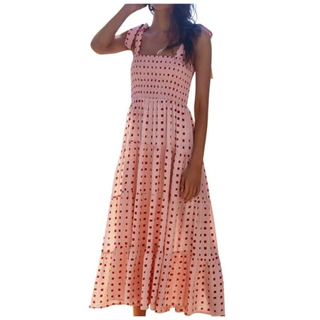 CLZOUD Summer Dresses Women Pink Polyester Women S Summer Boho Square Neck Floral Ruffle a Line Beach Long Maxi Dress M