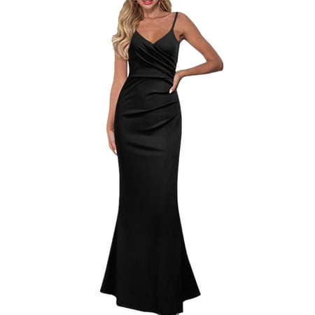 GWAABD Dresses for Women Women S Solid Color Slim Show Suspender Large Swing Long Dress Gown Skirt