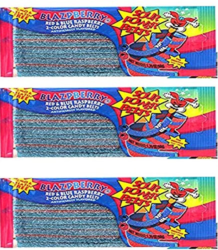 Sour Power Belts, from Dorval Falvored Belts Candy (Blazpberry Red and Blue Raspberry, 3-Pack)