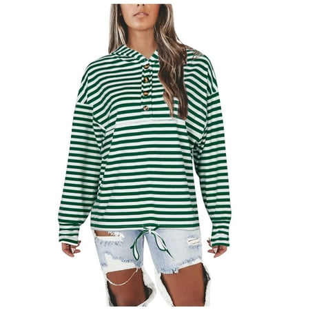 CLZOUD Womens Shirts and Blouses Green Women Casual Stripe Print Long Sleeve Pullover Hooded Sweatshirt Button Tops M