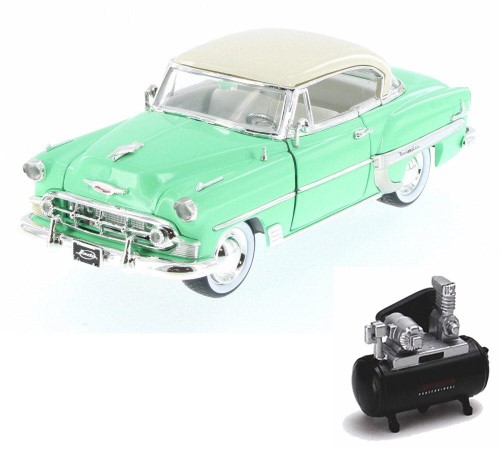 Diecast Car & Air Compressor Package - 1953 Chevy Bel Air Hard Top W/ Baby Moon, Pastel Green - Jada 98884-MJ - 1/24 Scale Diecast Model Toy Car W/Air