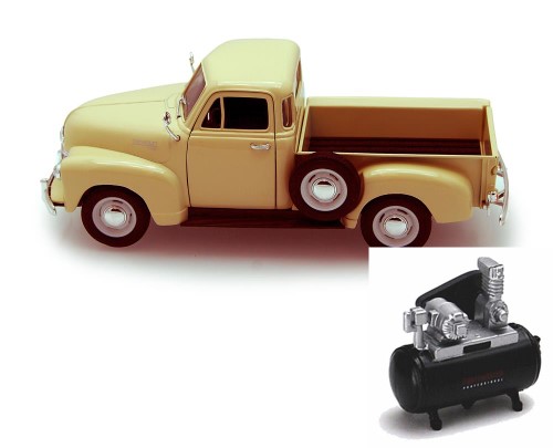 Diecast Car & Air Compressor Package - 1953 Chevy 3100 Pickup Truck, Cream - Welly 22087 - 1/24 Scale Diecast Model Toy Car W/Air Compressor