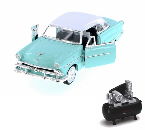 Diecast Car & Air Compressor Package - 1953 Ford Crestline Victoria, Turquoise W/ White - Welly 22093WBU - 1/24 Scale Diecast Model Toy Car W/Air Comp