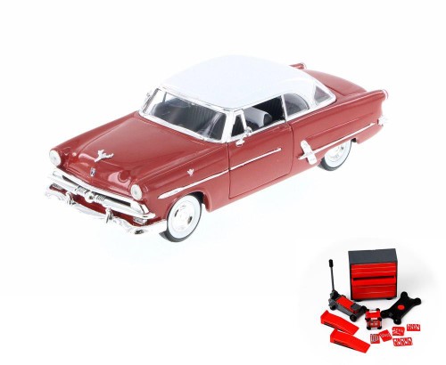 Diecast Car & Mechanic Set Package - 1953 Ford Crestline Victoria, Red W/ White - Welly 22093WR - 1/24 Scale Diecast Model Toy Car W/Mechanic Set