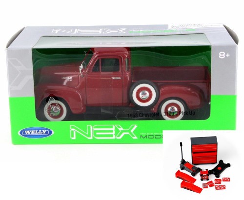 Diecast Car & Mechanic Set Package - 1953 Chevy 3100 Pick-up Truck, Red - Welly 22087W-MJ-RD - 1/24 Scale Diecast Model Toy Car W/Mechanic Set