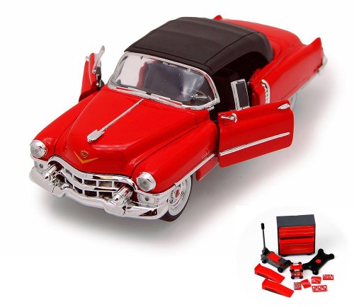 Diecast Car & Mechanic Set Package - 1953 Cadillac El Dorado Soft Top, Red - Welly 22414H/4D - 1/24 Scale Diecast Model Toy Car W/Mechanic Set