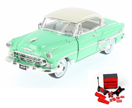 Diecast Car & Mechanic Set Package - 1953 Chevy Bel Air Hard Top W/ Baby Moon, Pastel Green - Jada 98884-MJ - 1/24 Scale Diecast Model Toy Car W/Mecha