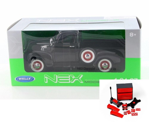 Diecast Car & Mechanic Set Package - 1953 Chevy 3100 Pick-up Truck, Black - Welly 22087W-MJ-BK - 1/24 Scale Diecast Model Toy Car W/Mechanic Set