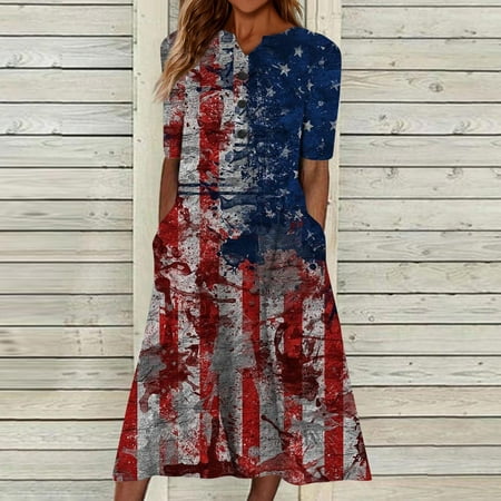 Perfect Summer Gift HIMIWAY Maxi Cheap MIDI Wedding Guest Plus Size Women 4723 Summer Loose Casual Large Size Patriot V-Neck Sleeveless Dress Multicol