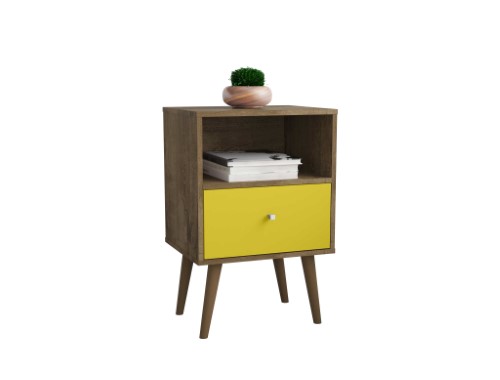 Mid Century - Modern Nightstand 1.0 with 1 Cubby Space and 1 Drawer in Rustic Brown and Yellow