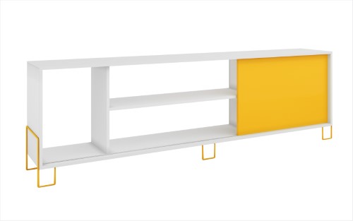 Eye- Catching Nacka TV Stand 1.0 with 4 Shelves and 1 Sliding Door in a White Frame and Yellow Door and Feet