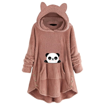 CLZOUD Hooded Sweatshirt Long Sleeve Cute Panda Printed Pullover Coral Velvet Top with Pockets Pink L