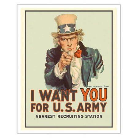 I Want You for U.S. Army - WWI - Uncle Sam - Vintage War Poster by James Montgomery Flagg C.1978 - Fine Art Matte Paper Print (Unframed) 16x20in