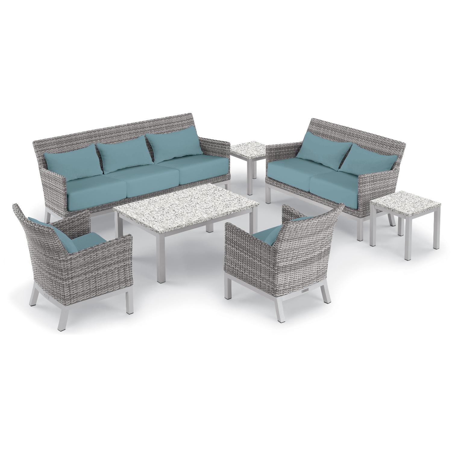 Oxford Garden Argento 7-piece Resin Wicker Lounge & Travira Lite-Core Ash Table Set - Ice Blue Cushions & Pillows