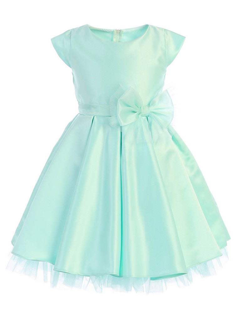 Sweet Kids Girls Mint Full Pleated Satin Bow Junior Bridesmaid Dress