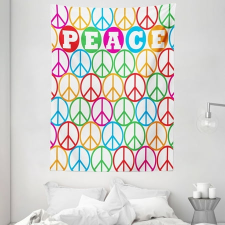 1960s Decor Wall Hanging Tapestry  Colorful Internationally Recognized Peace Symbol Sign with the Letters Counter Culture Print  Bedroom Living Room D