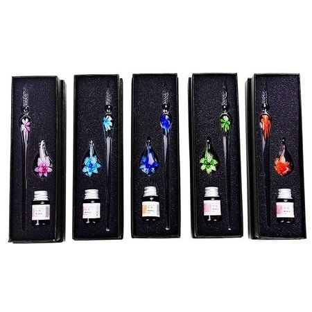LA TALUS 1 Set Transparent Inside Flower Glass Writing Pen Faux Crystal Writing Dip Pen Student Gift Light Blue