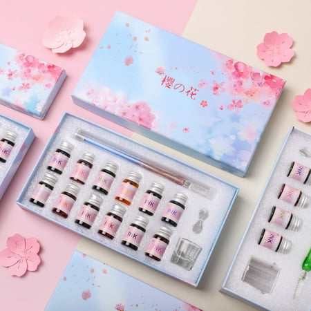 LA TALUS 1 Set Dip Pen Translucent Cherry Blossom Decor Paillette Print Glass Ink Pen Set for Gift Green Gradient 15pcs