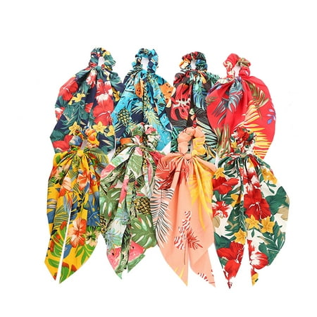 8pcs Flower Printing Hair Ties Ribbon Ponytail Holder Hair Ring for Woman Lady Female (01 02 03 04 05 06 07 08  Each Pattern Has 1pcs)