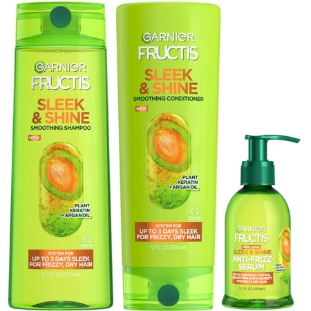 Garnier Fructis Sleek & Shine Shampoo  Conditioner  and Anti-Frizz Serum Set - Ultimate Solution for Frizzy  Dry Hair with Argan Oil (3 Items) - Exper